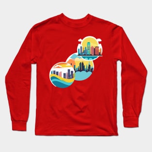 t-shirt design, colorful city skyline with buildings and clouds, vector art Long Sleeve T-Shirt